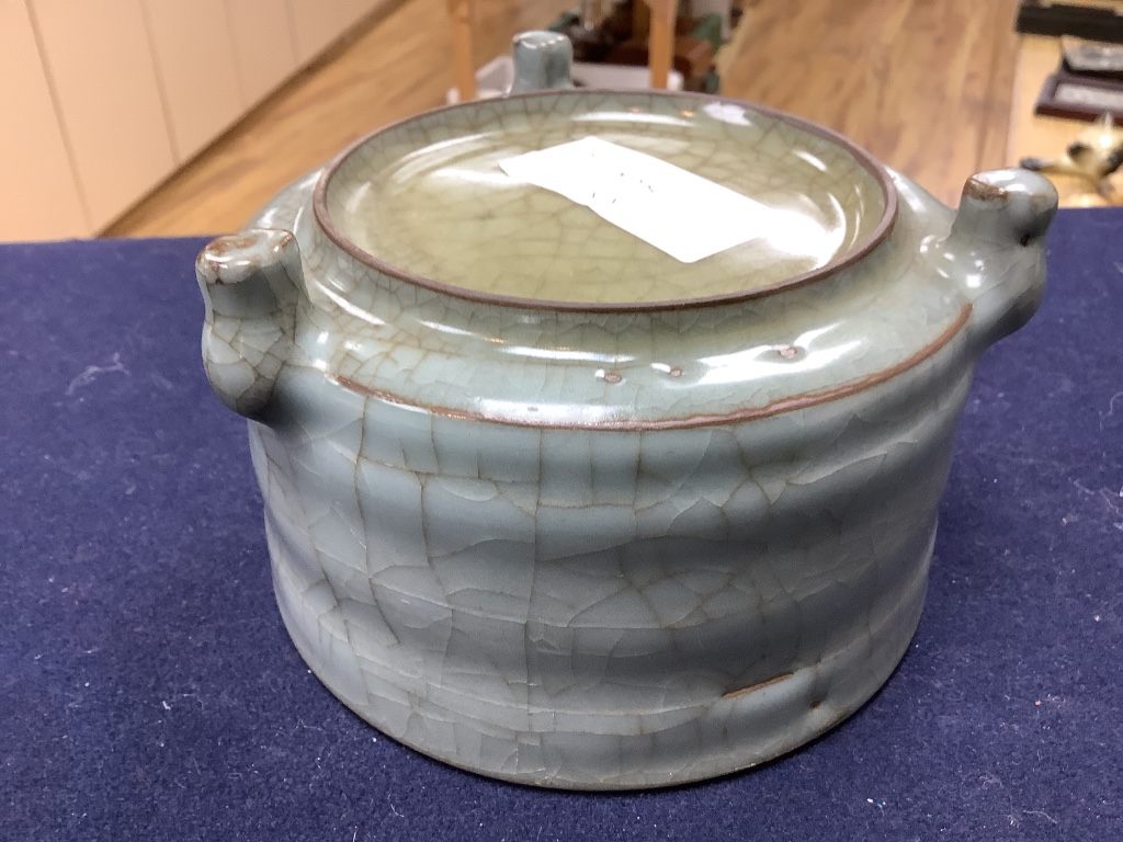 A Chinese celadon cylindrical censer, diameter 13cm